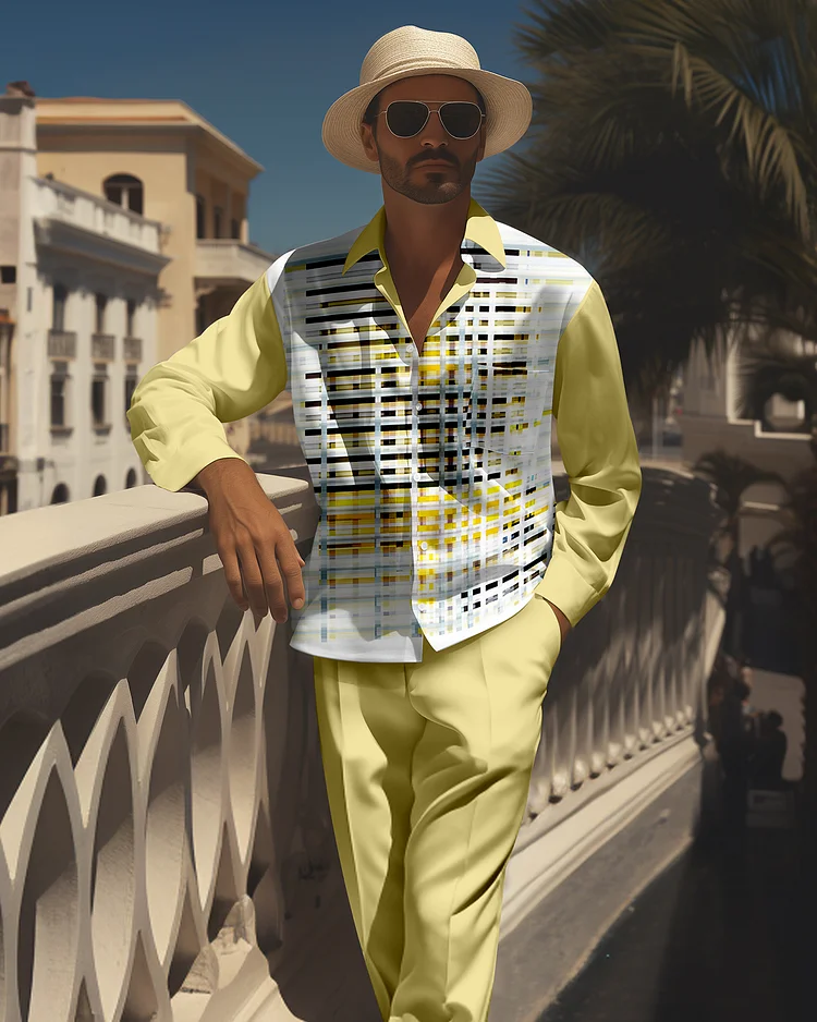 Men's Retro Printed Long Sleeve Shirt Walking Suit 1492