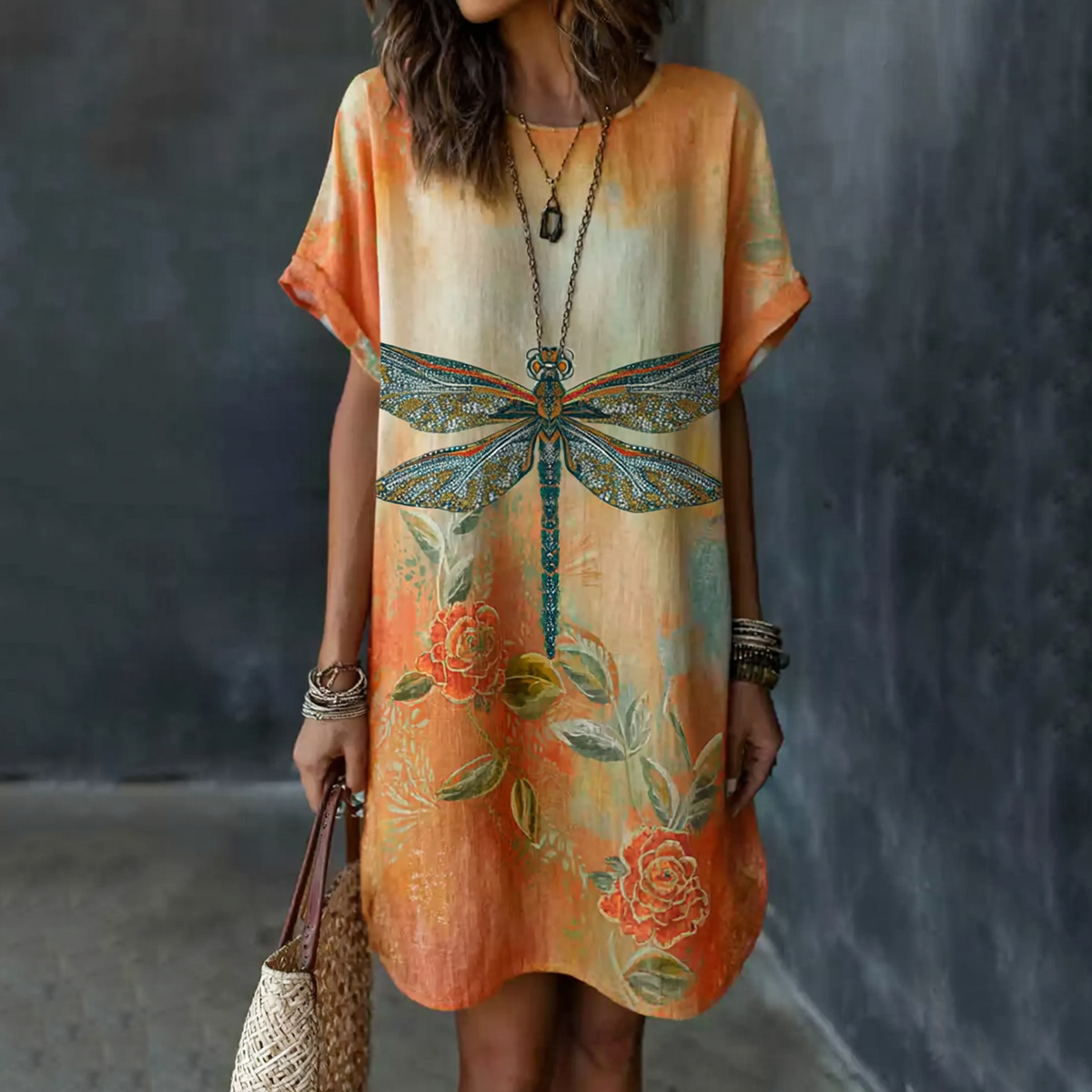Retro Dragonfly And Floral Pattern Cotton Mini Dress elevenforest