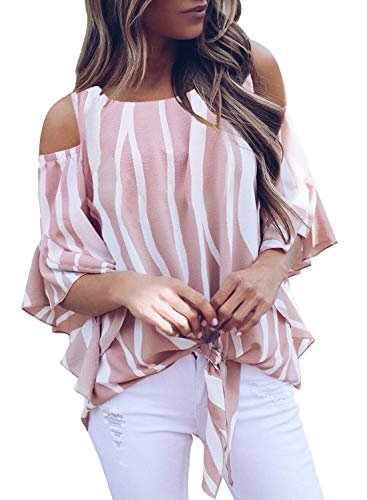 Striped Off Shoulder Blouse Women Casual Spring Summer O-neck Half Sleeve Bandage Shirt Female Sexy Flare Sleeve Chiffon Tops