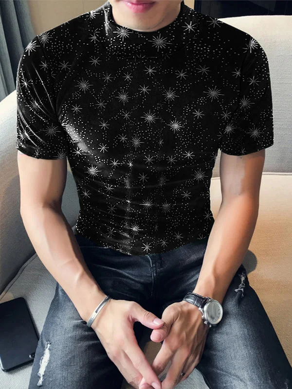 Aonga - Mens Snowflake Print Slim Short Sleeve T-ShirtI