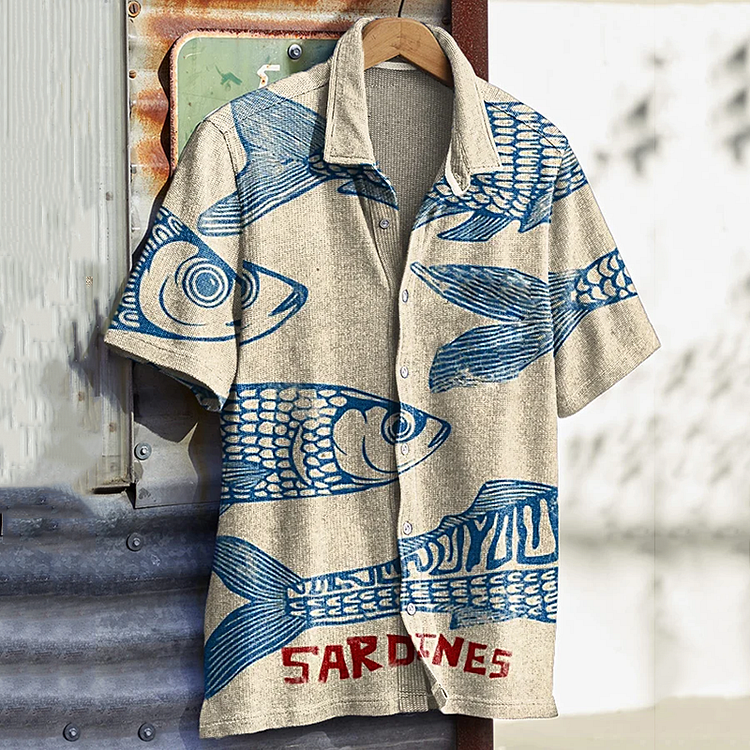 Comstylish Men's Vintage Sardines Fish Print Art Casual Shirt