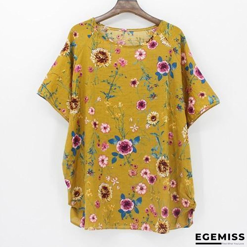 4XL Plus Size Women Batwing Casual Tops Tees Floral Print Cotton Linen Blouses | EGEMISS
