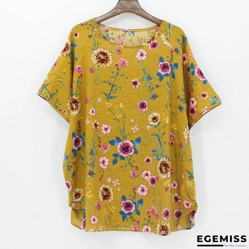 4XL Plus Size Women Batwing Casual Tops Tees Floral Print Cotton Linen Blouses | EGEMISS