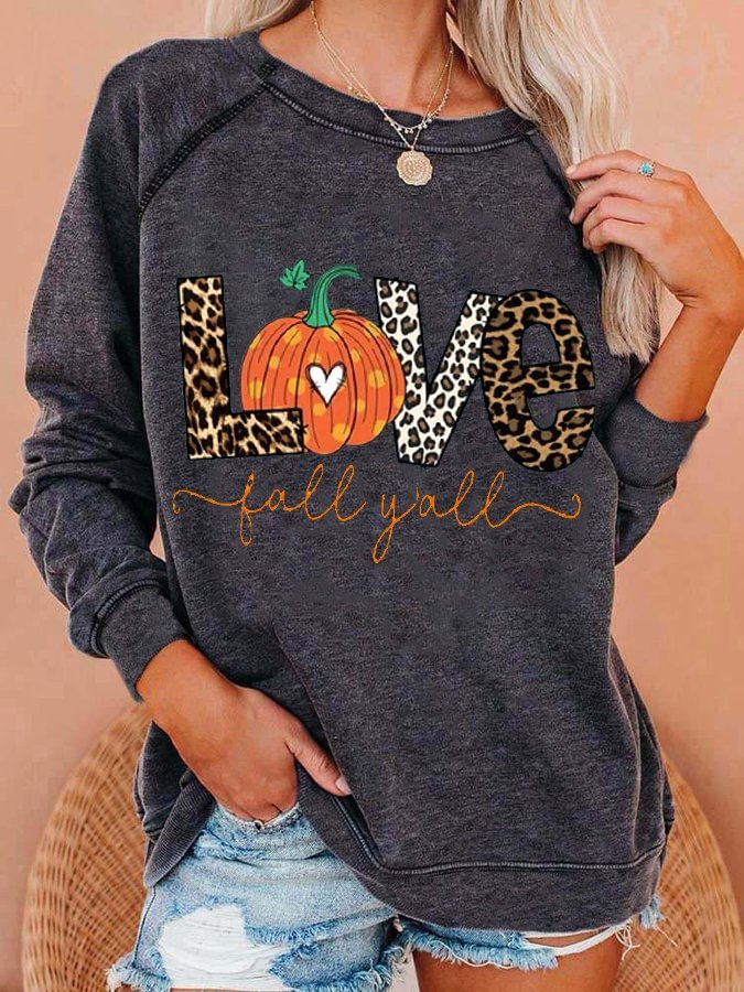 Women's Thanksgiving Pumpkin Love Fall Y'all Print Casual Sweatshirt
