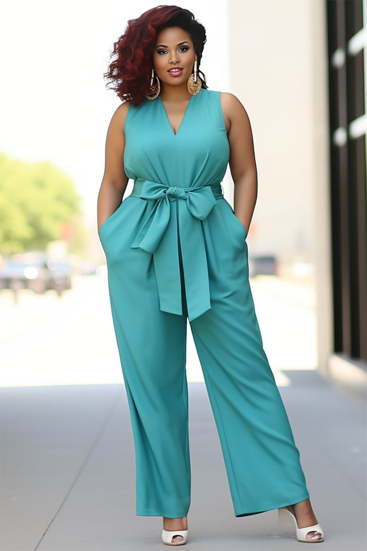 Lussooy Blue V-Neck Pool Sleeveless Jumpsuit With Bow Belt  