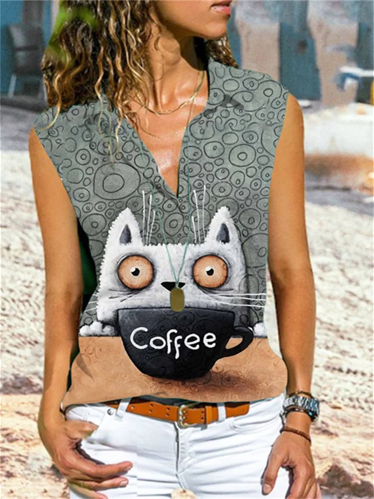 Funny Cat And Coffee Sleeveless Blouse