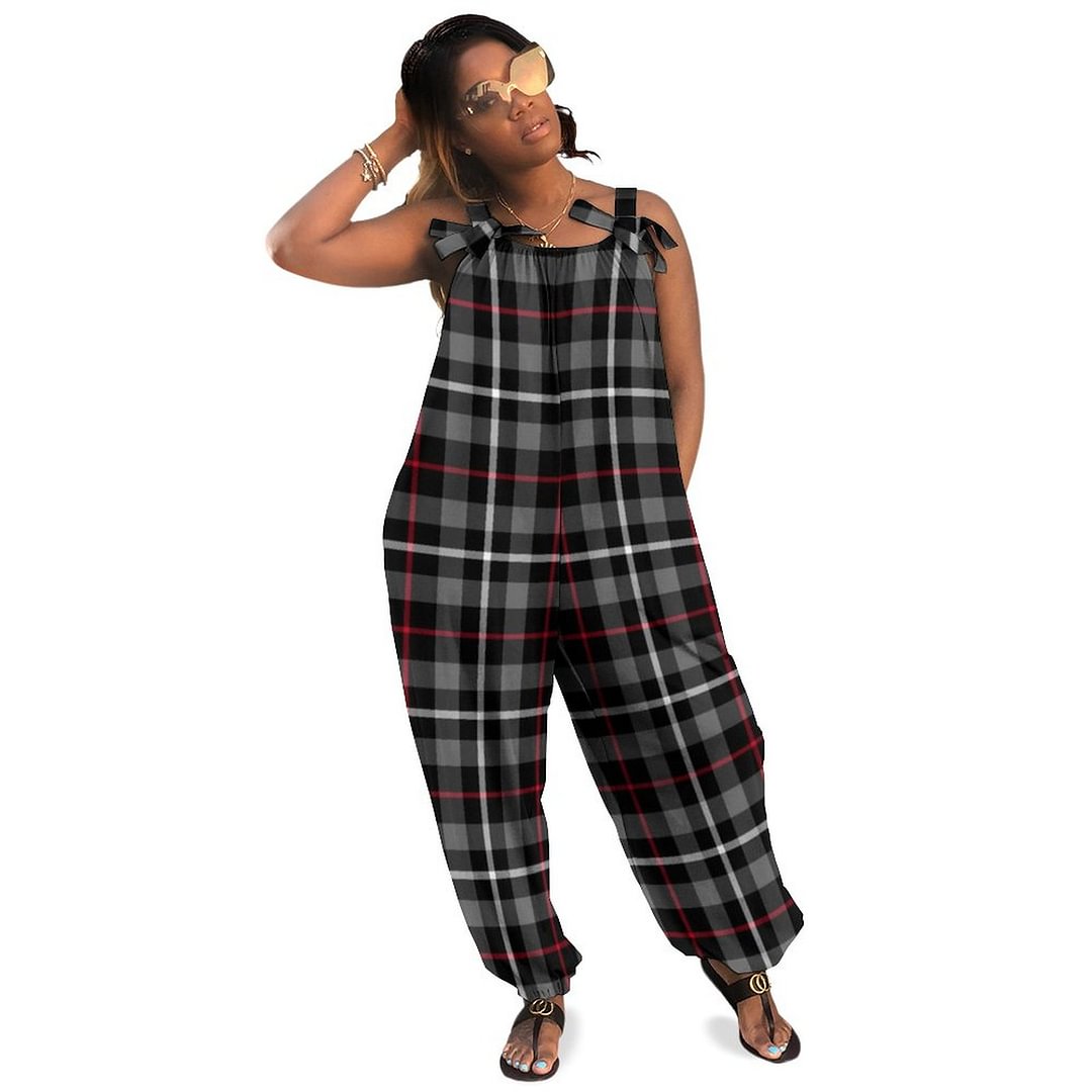 Grey Black And Red Tartan Plaid Boho Vintage Loose Overall Corset Jumpsuit Without Top