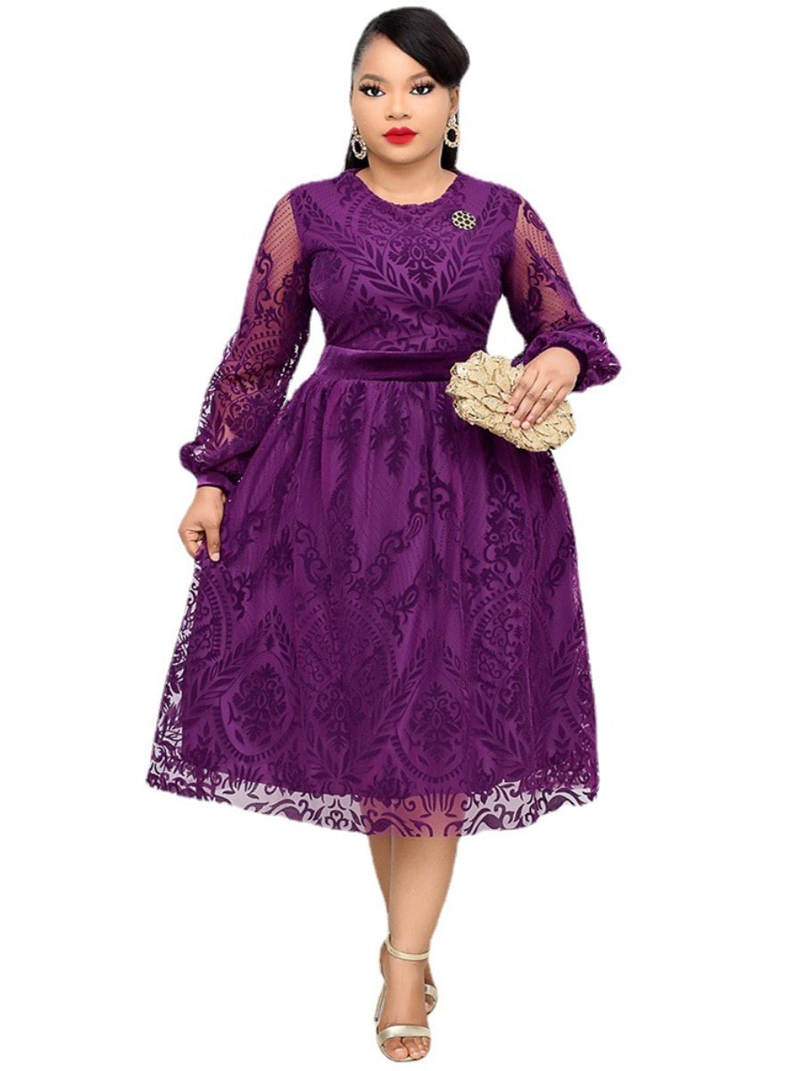 Lace Dresses For Women Round Neck Lantern Sleeves Plus Size Swing Dresses