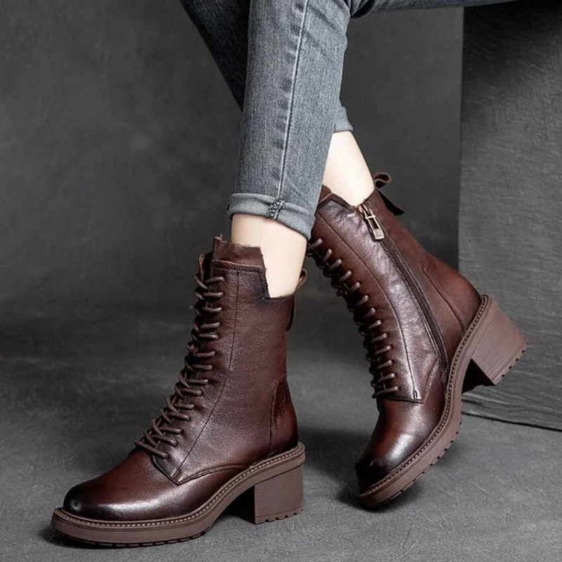 GKTINOO 2022 Cow Leather Quality Women Shoes Autumn Winter Square Med Heel Ankle Boots Lace Up Zipper Ladies Pumps Size 35-40