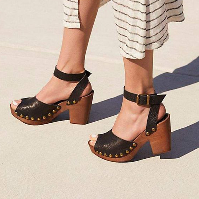 Black Peep Toe Ankle Strap Platform Sandals Stylish Stud Heeled Clogs