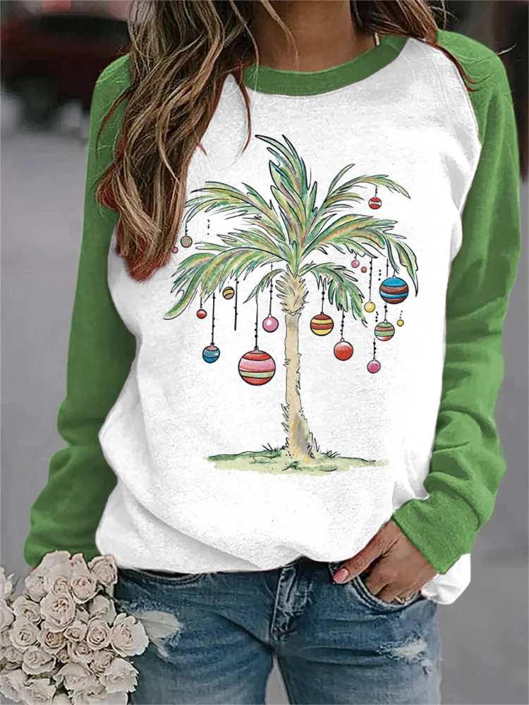 VChics Christmas Palm Tree Print Casual Sweatshirt