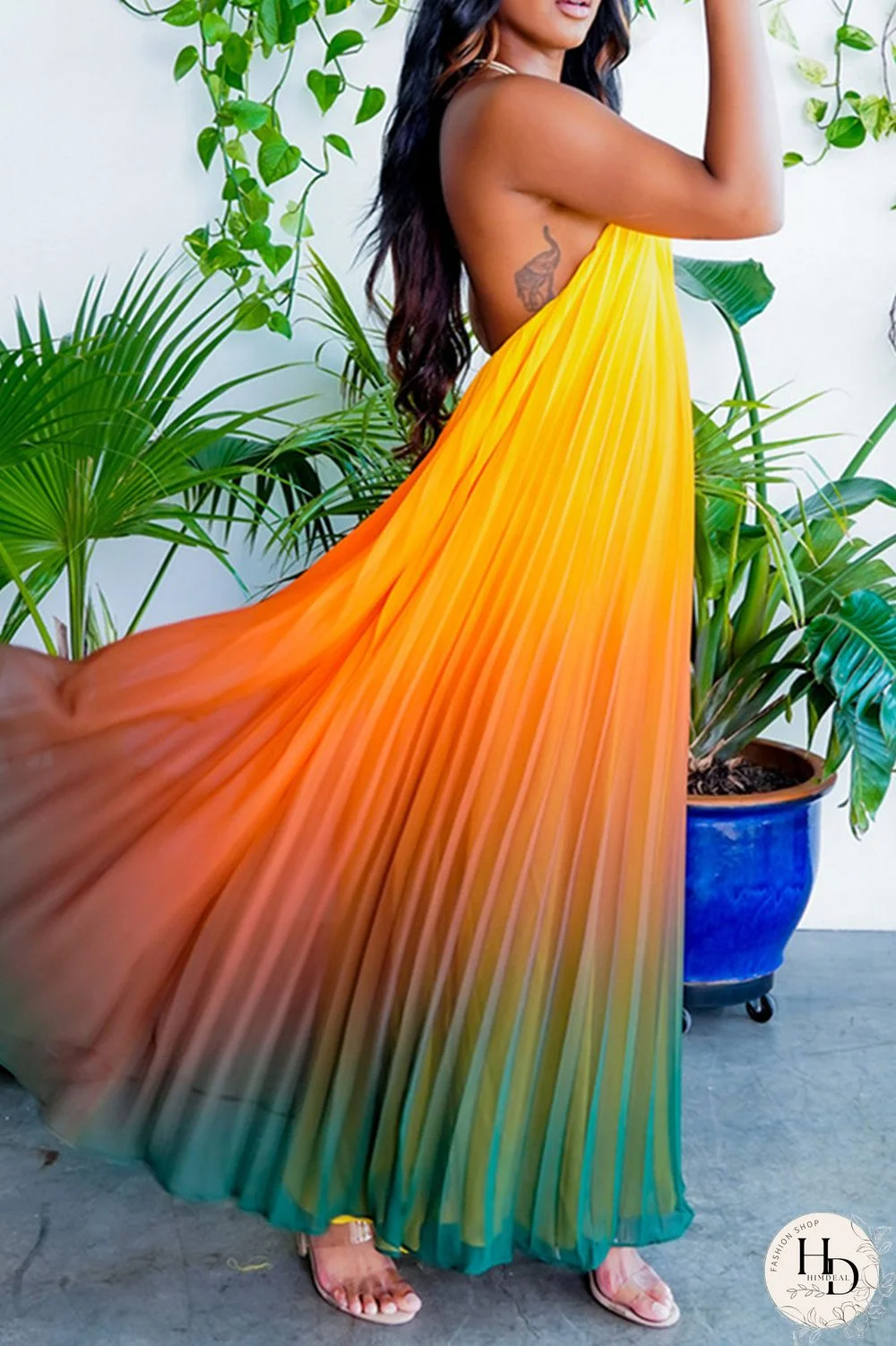 Yellow Sexy Casual Gradual Change Print Backless O Neck Sleeveless Dress