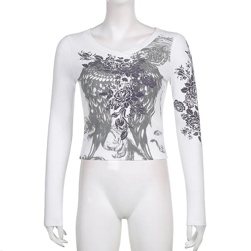 Xingqing Angel Wings Print Tops Fairy Grunge Graphic T Shirts Vintage Indie Aesthetic Clothes Cyber Y2k Slim Long Sleeve Top