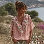 Vintage Boho Pink Rose Embroidery Art V Neck Linen T Shirt - Image 2