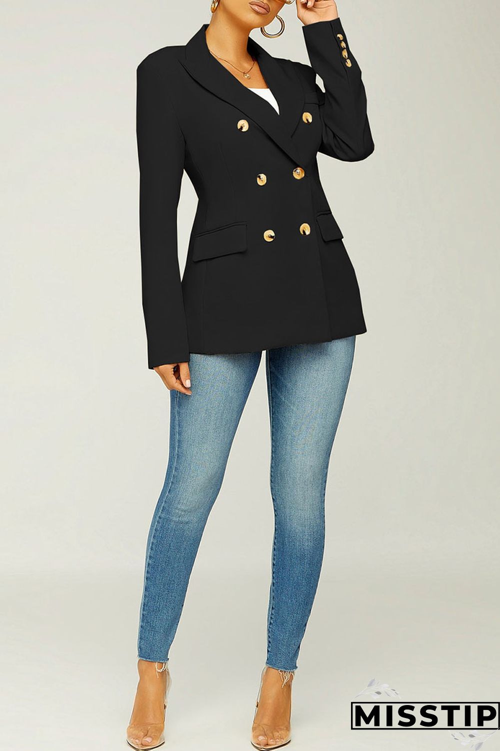 Black Casual Solid Patchwork Turn-back Collar Outerwear