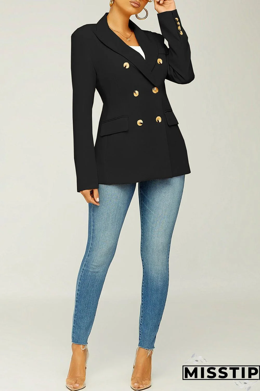 Black Casual Solid Patchwork Turn-back Collar Outerwear