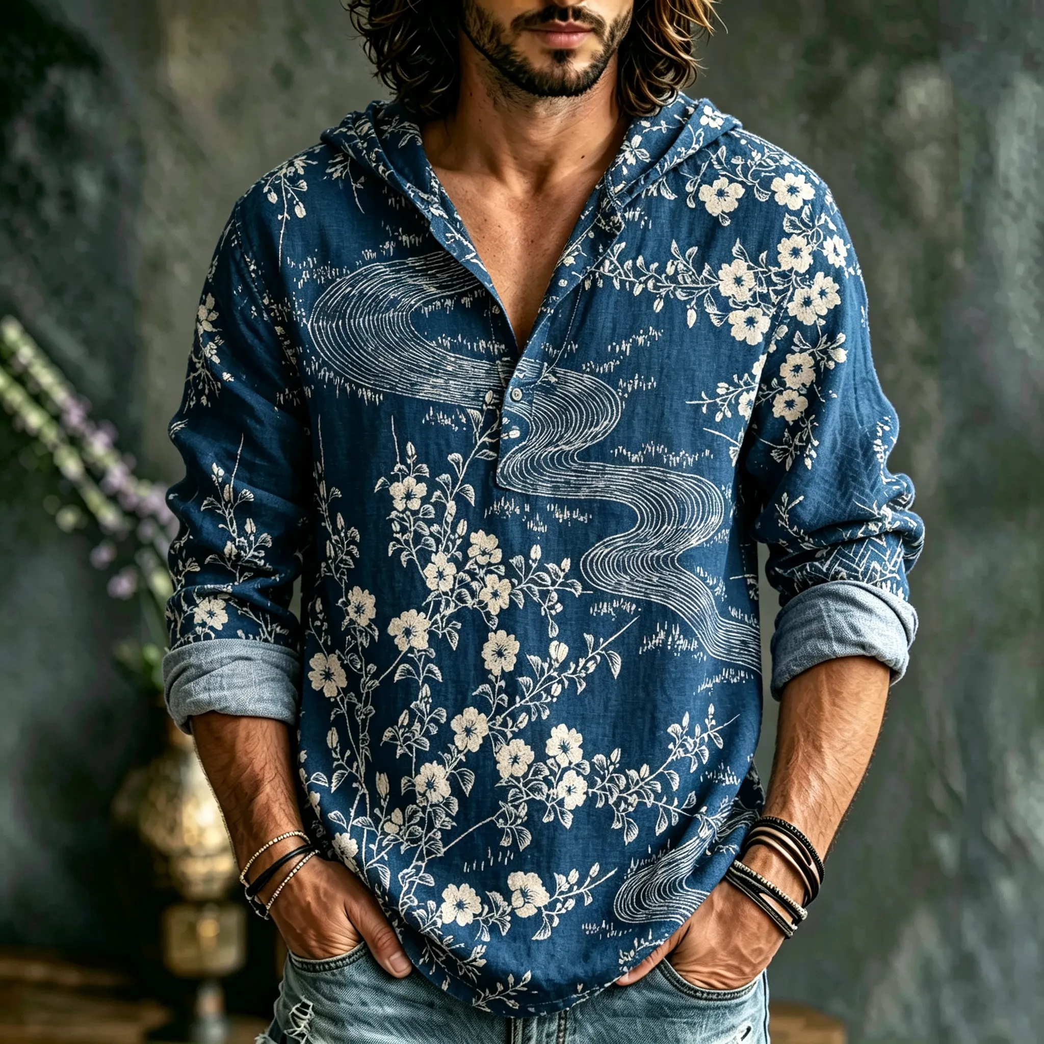 Men's Japanese Art Vacation Floral Cotton Linen Hooded Top  artssus