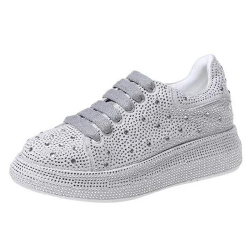 NEW Brand Women Fashion Casual Glitter Sparkling Sneakers Women Encrusted Lace Up Shoes White Sole Fashion Street Sneakers Shiny