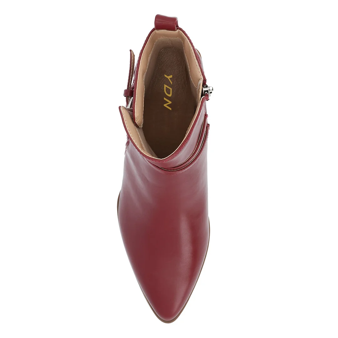 Vegan Leather Side-Zip Decorative Heel Buckle Strap Maroon Ankle Boots