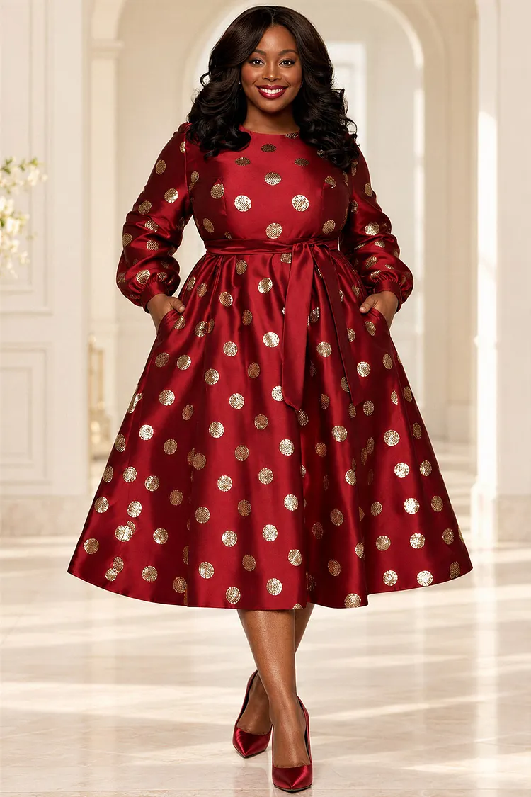 Xpluswear Design Plus Size Cocktail Party Burgundy Polka Dot Round Neck Long Sleeve Pocket Wrap Satin Midi Dresses [Pre-Order] 2024 - Xpluswear