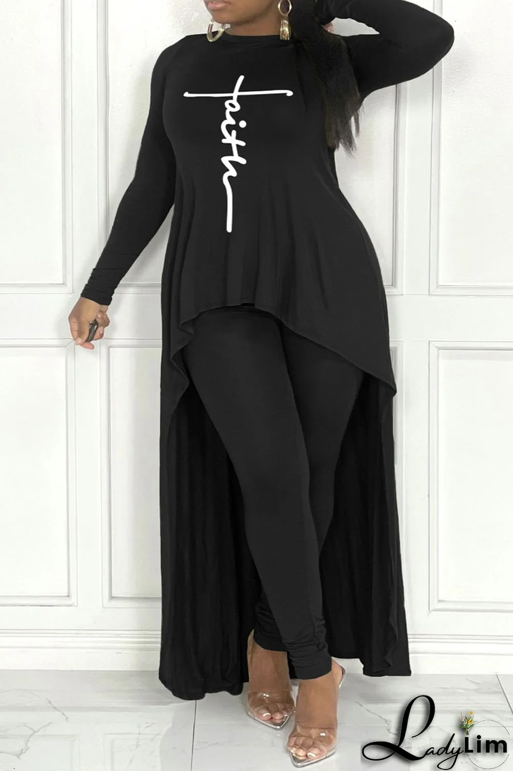 Army Green Fashion Casual Print Asymmetrical O Neck Plus Size Two Pieces