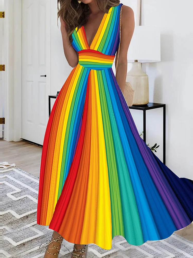Women's Pride Day Rainbow Colored Stripes Print Dress