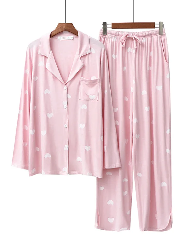 Girlish Sweetness Peach-Heart Print Long Sleeve Roomy Pajamas Sets