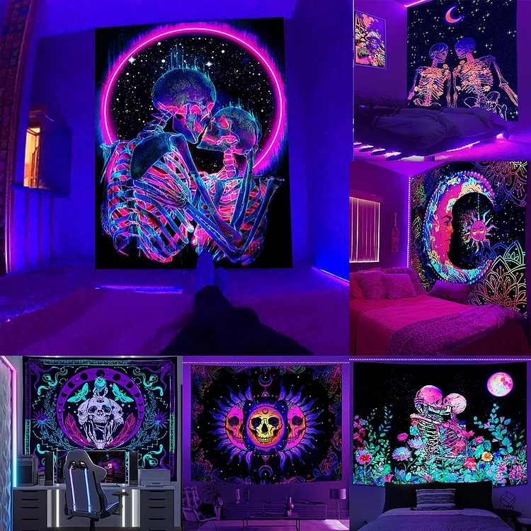 💀SKELETON WALL BLACKLIGHT SKULL TAPESTRY