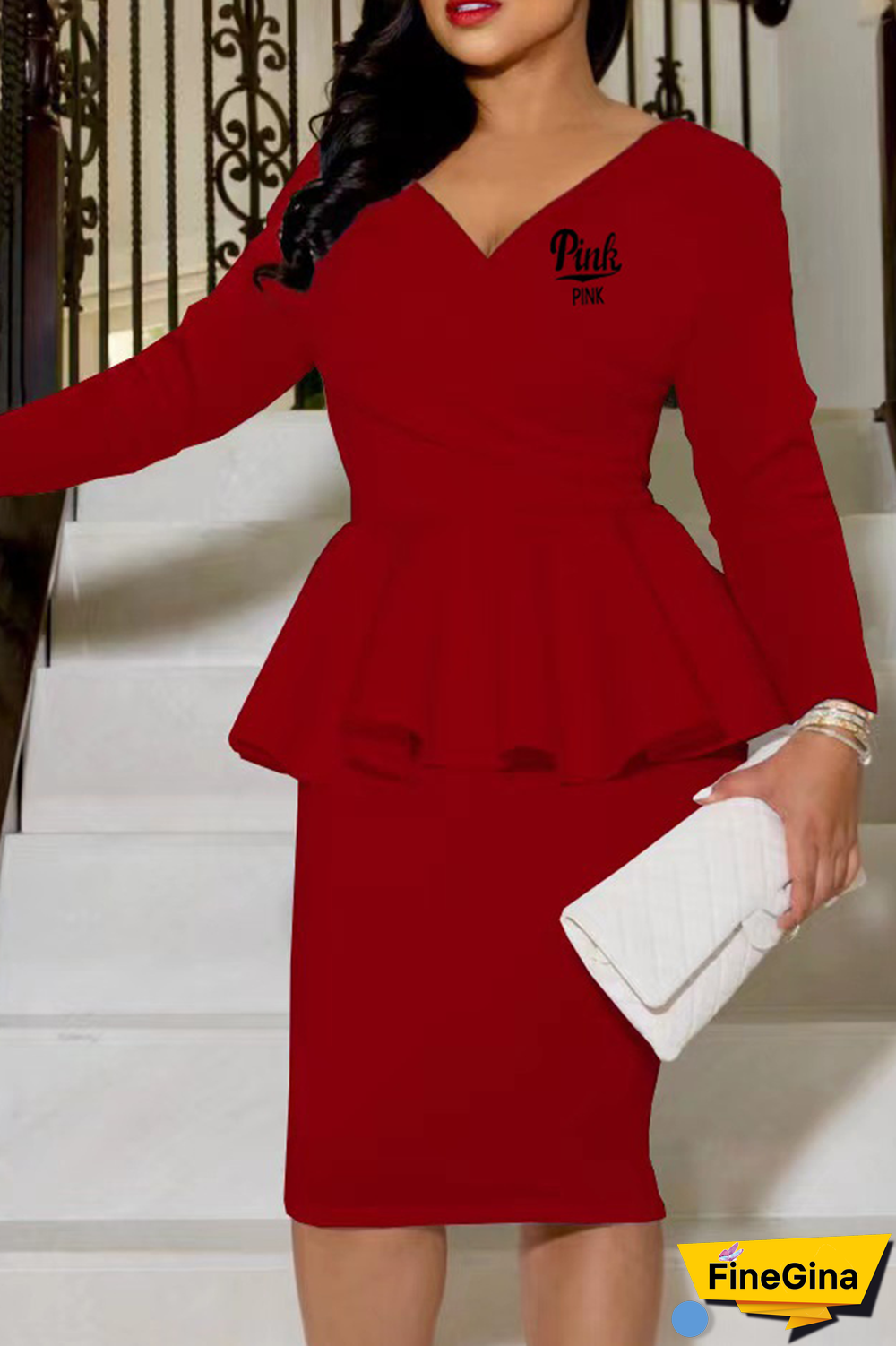 Khaki Street Print Flounce V Neck Long Sleeve Two Pieces