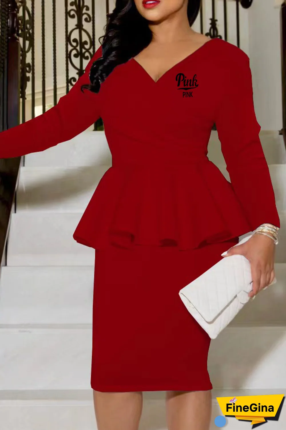 Khaki Street Print Flounce V Neck Long Sleeve Two Pieces