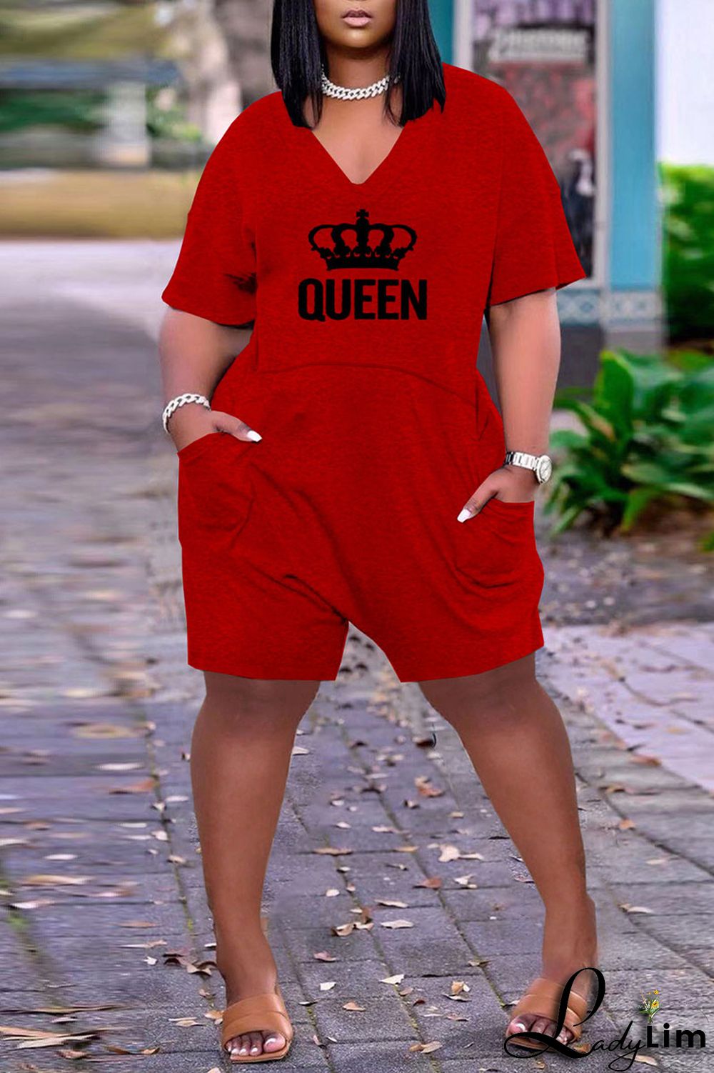 Light Gray Casual Print Split Joint Pocket V Neck Loose Jumpsuits