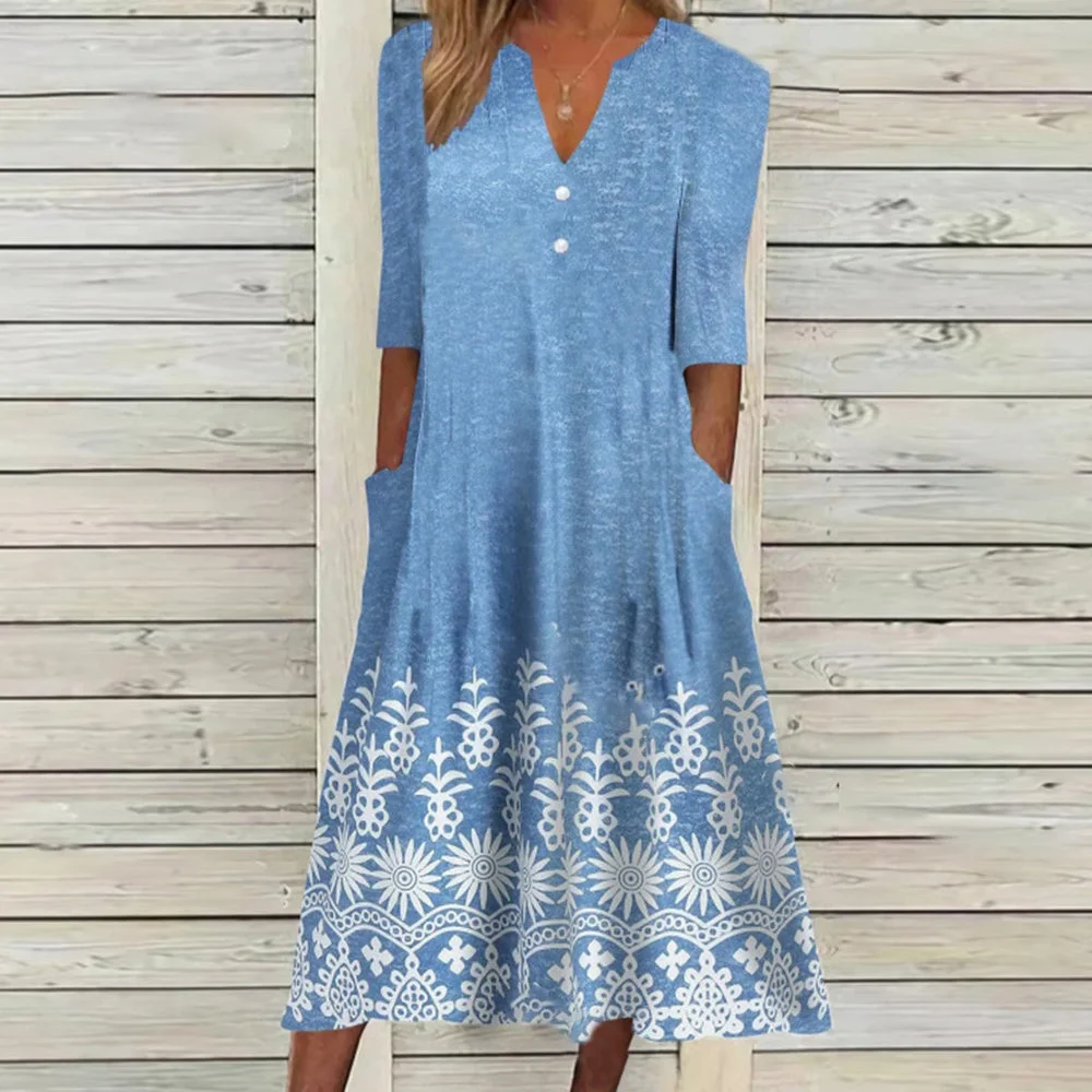 Youthful Blue Print 3/4 Sleeve Midi Dress