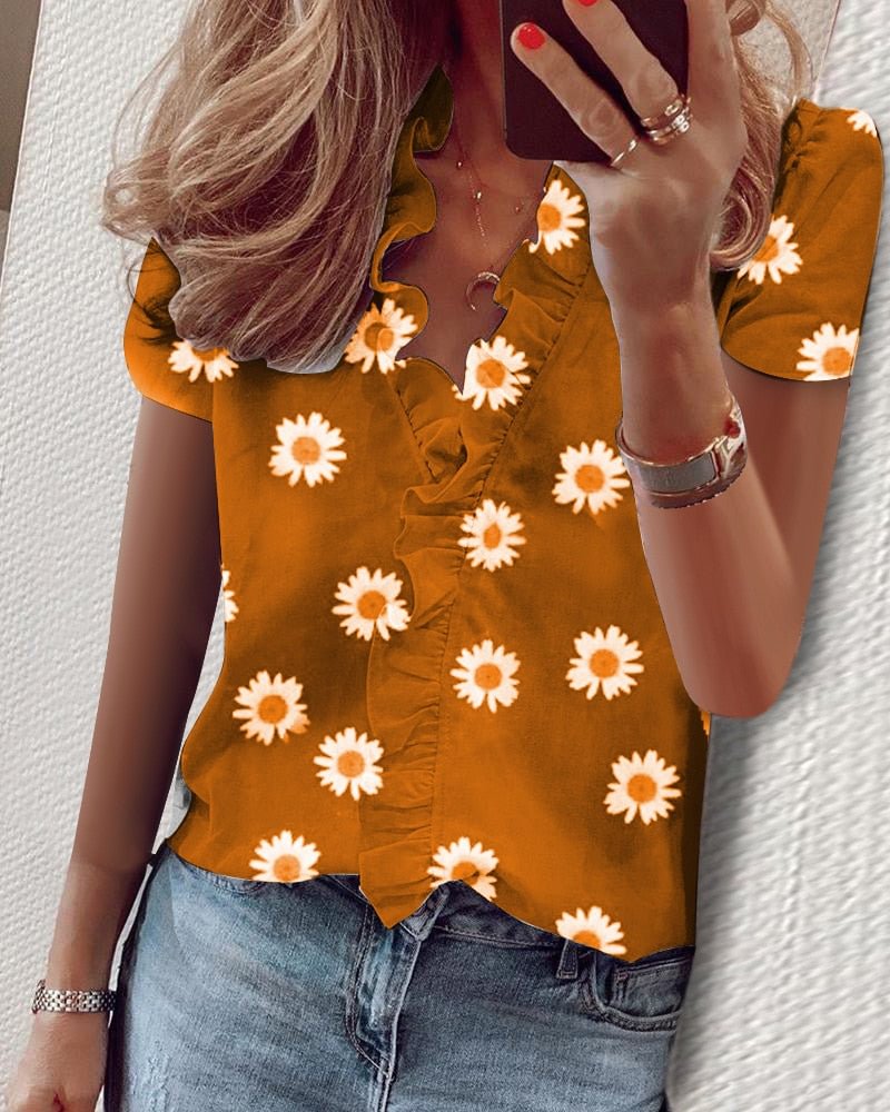 2020 New Design Womens Tops And Blouses Streetwear Floral Print V-neck Short Sleeve Women Shirts  Plus Size Office Blouse Femme