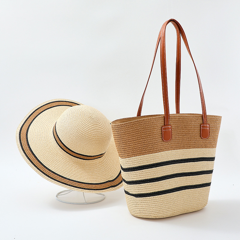 Women's Woven Large Capacity Striped Beach Bag Hat Two-piece Set