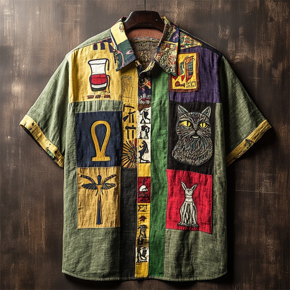 Egyptian Element Patchwork Men's Linen Short Sleeve Shirt