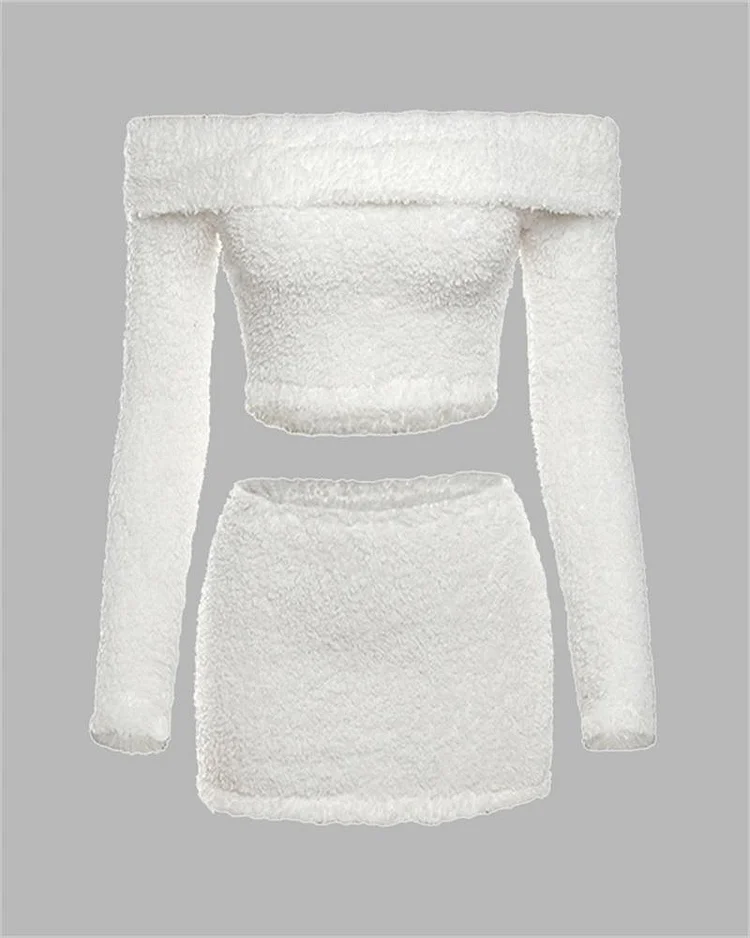 Plush Off-Shoulder Top & Skirt Coord Set