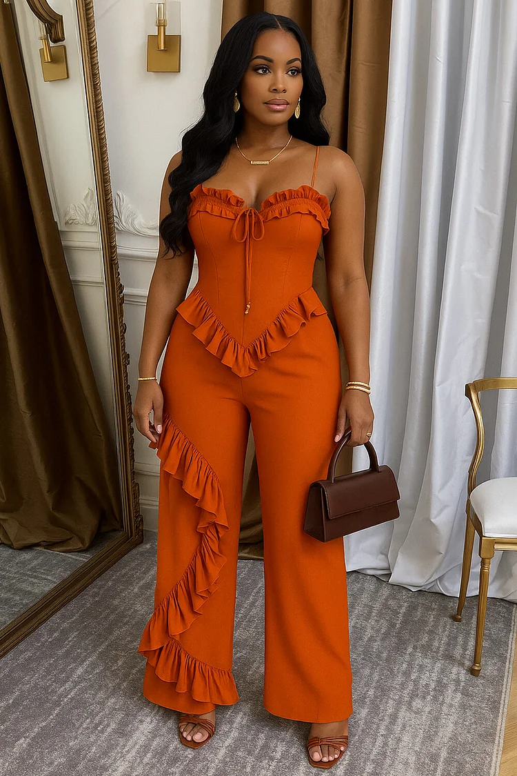 Ruffle Decor Tied Up Cami Solid Party Wide Leg Jumpsuit-Orange