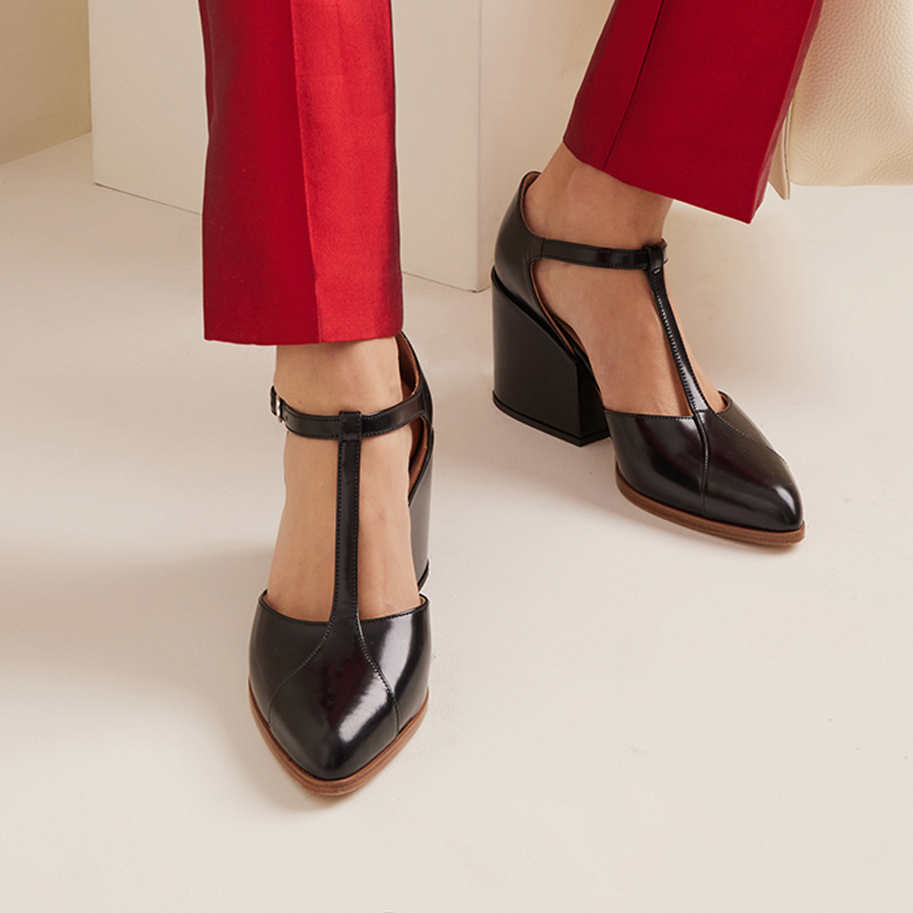 Black Pointed Toe Chunky Heel T-Strap Pumps for Women Nicepairs