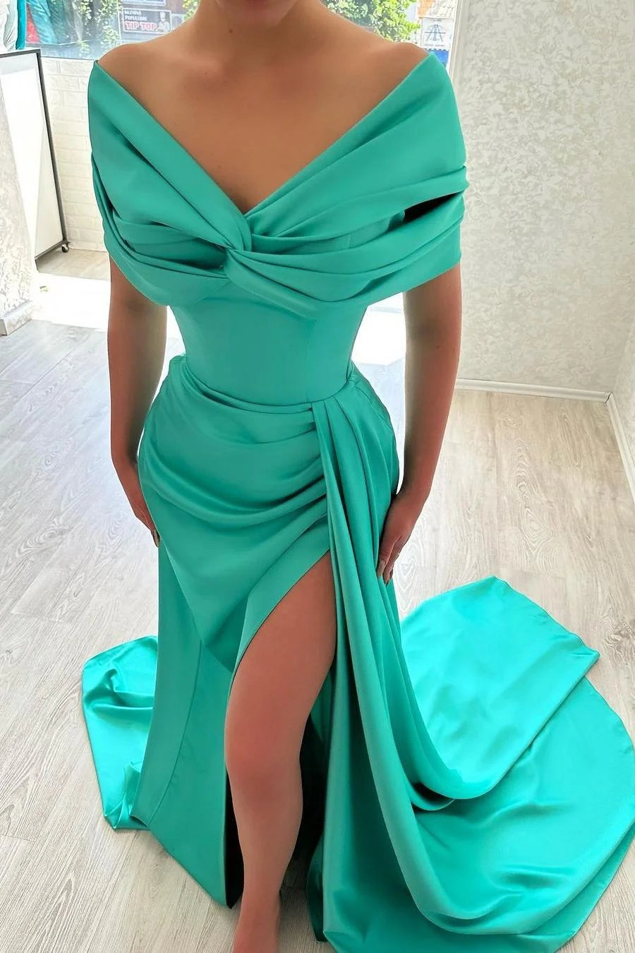 Daisda Glamorous Satin Off the Shoulder Strapless Pleated Long Prom Dress with Split