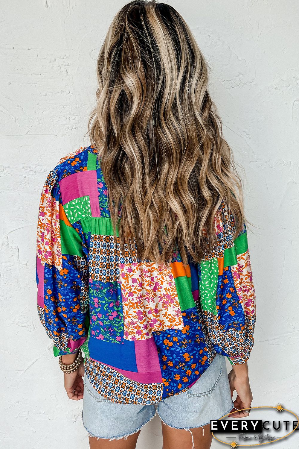Multicolor Floral Patchwork Print Buttoned Puff Sleeve Shirt