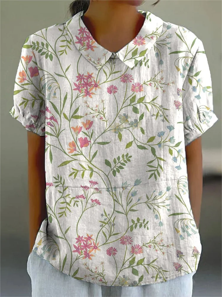 Women's Vintage Lovely Floral Art Print Casual Cotton And Linen Shirt