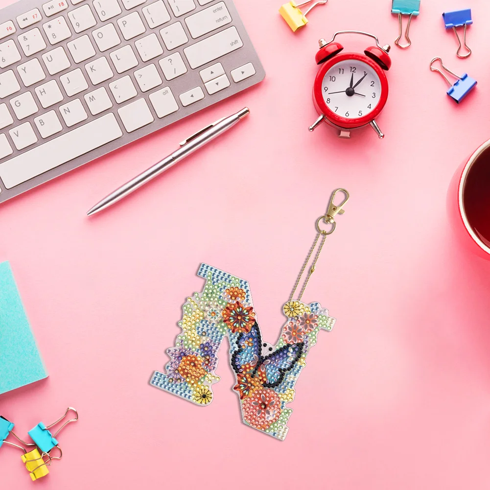 DIY N Diamond Art Key Rings Lettter Keychain Supplies Gift for Kids(Double Sided)