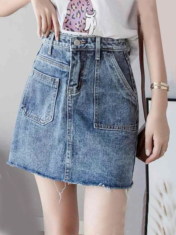Fashion all-match high waist stitching pocket denim skirt