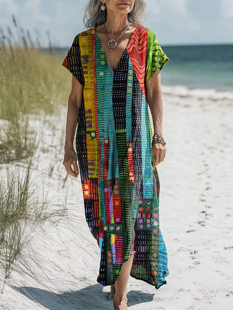 Collage Geometric Pattern Printed Women's Pocket Cotton Dress