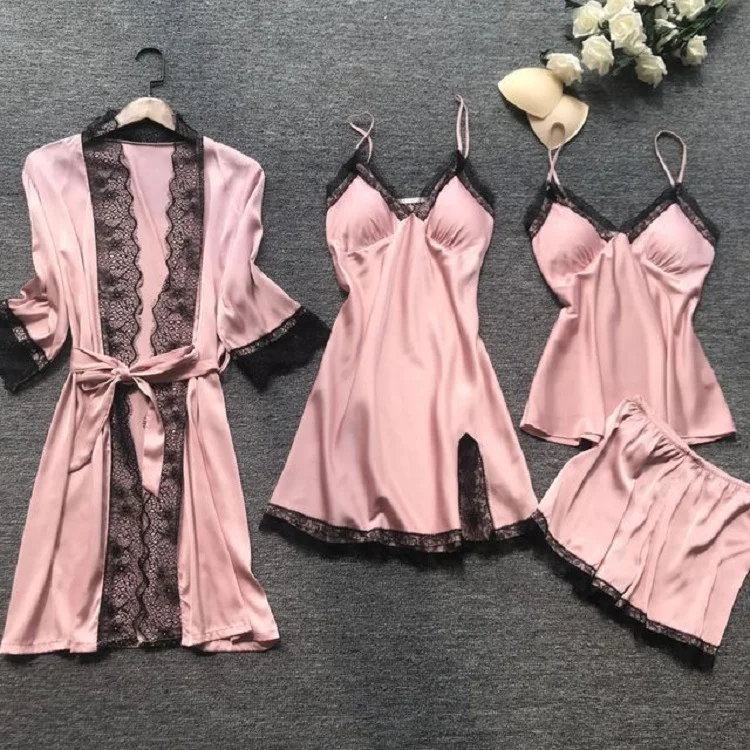 Uveng Large-Size Four-Piece Set With Chest Cushions Sexy Slings Home Lace Pajamas Casual Home Pajamas