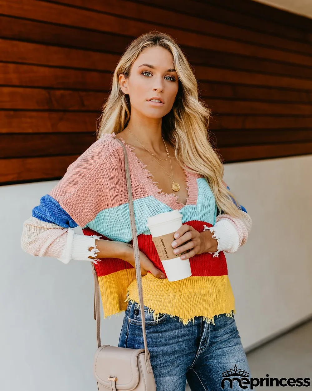 Wide Stripes Deep-V Pullover Sweater