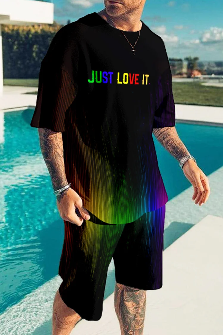 Rainbow Just Love It Print T-Shirt And Shorts Two-Piece Set