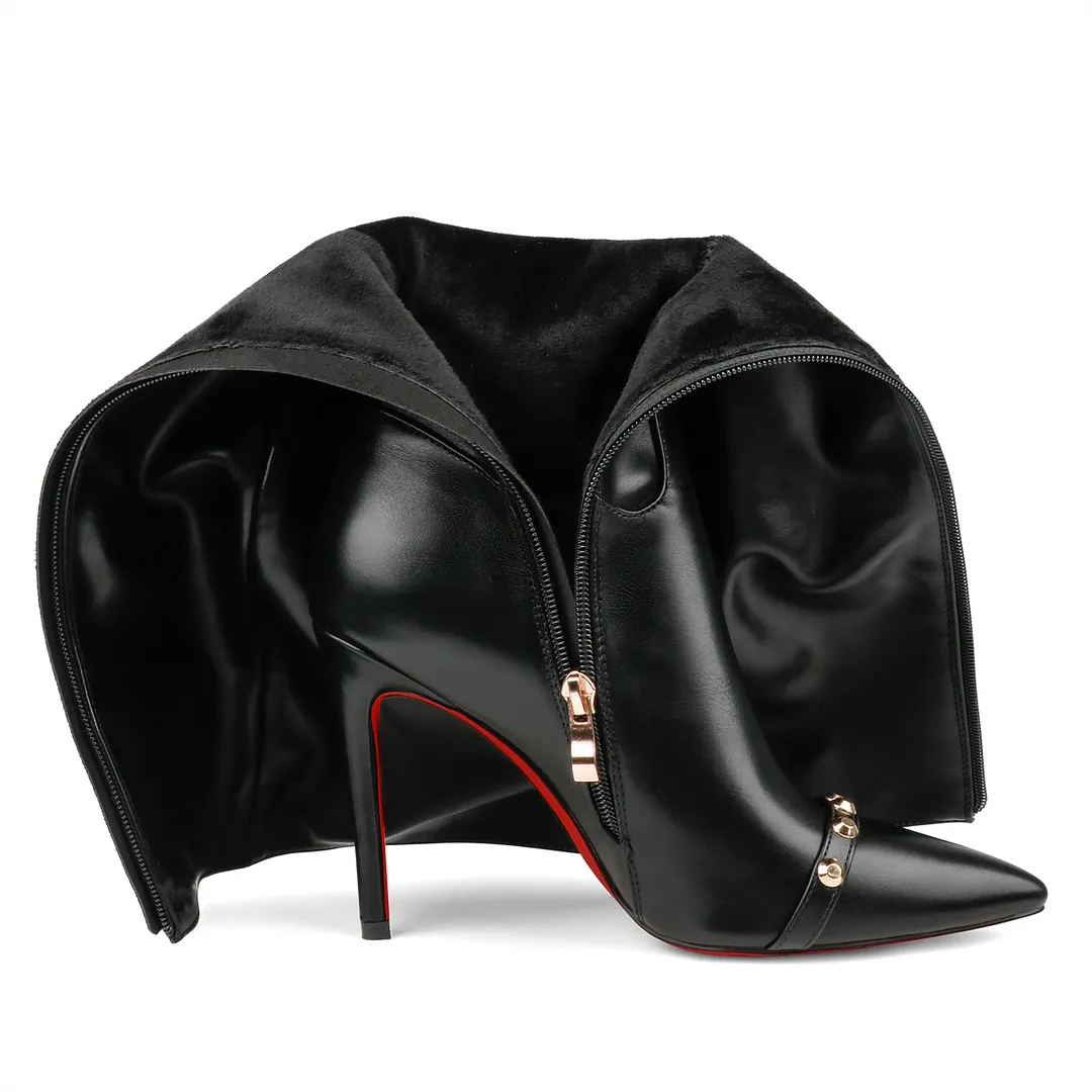 100mm Fashion Zipper Leather Red Bottoms High Heels Knee Boots-vocosishoes