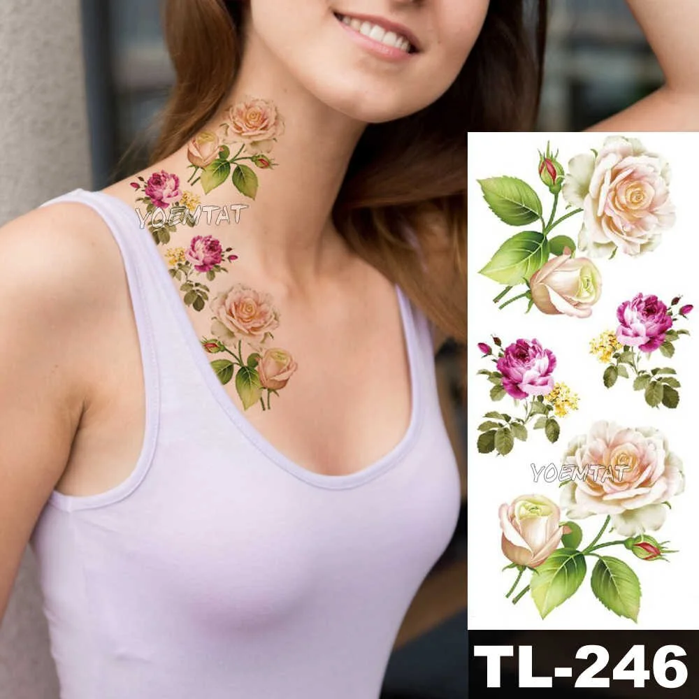 Sdrawing Watercolor Rose Lily Flower Waterproof Tattoo Stickers Women Body Chest Art Temporary Tatto Girl Waist 3D Flowers Tatoo