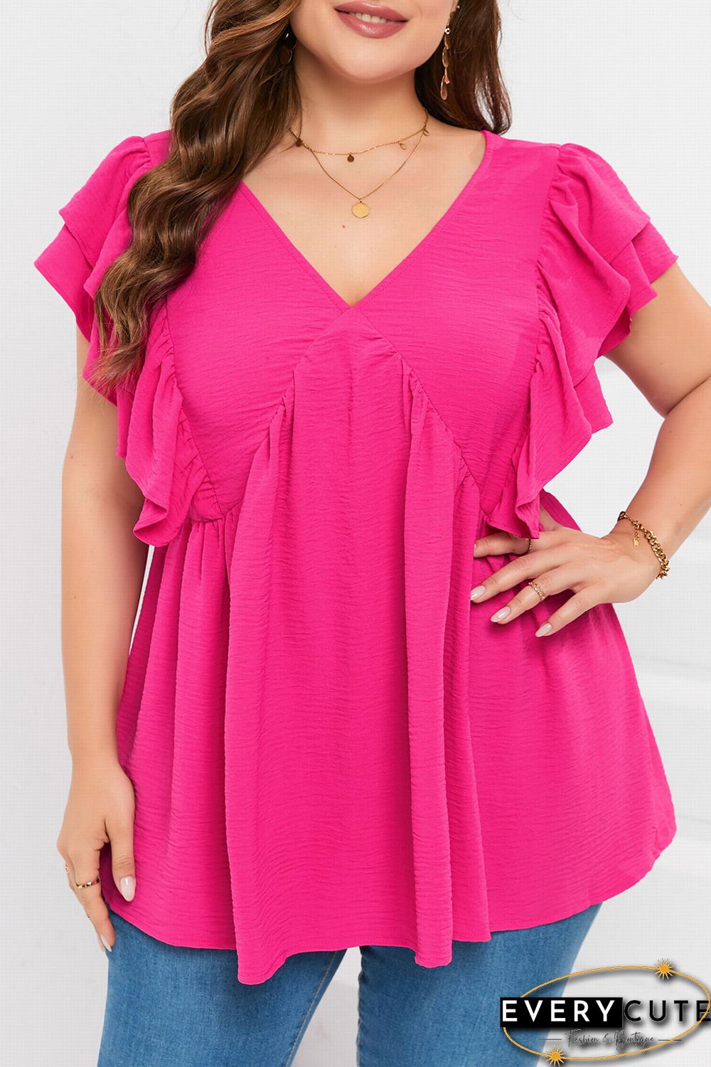 Plus Size Ruffle V Neck Tie Back Tunic Top